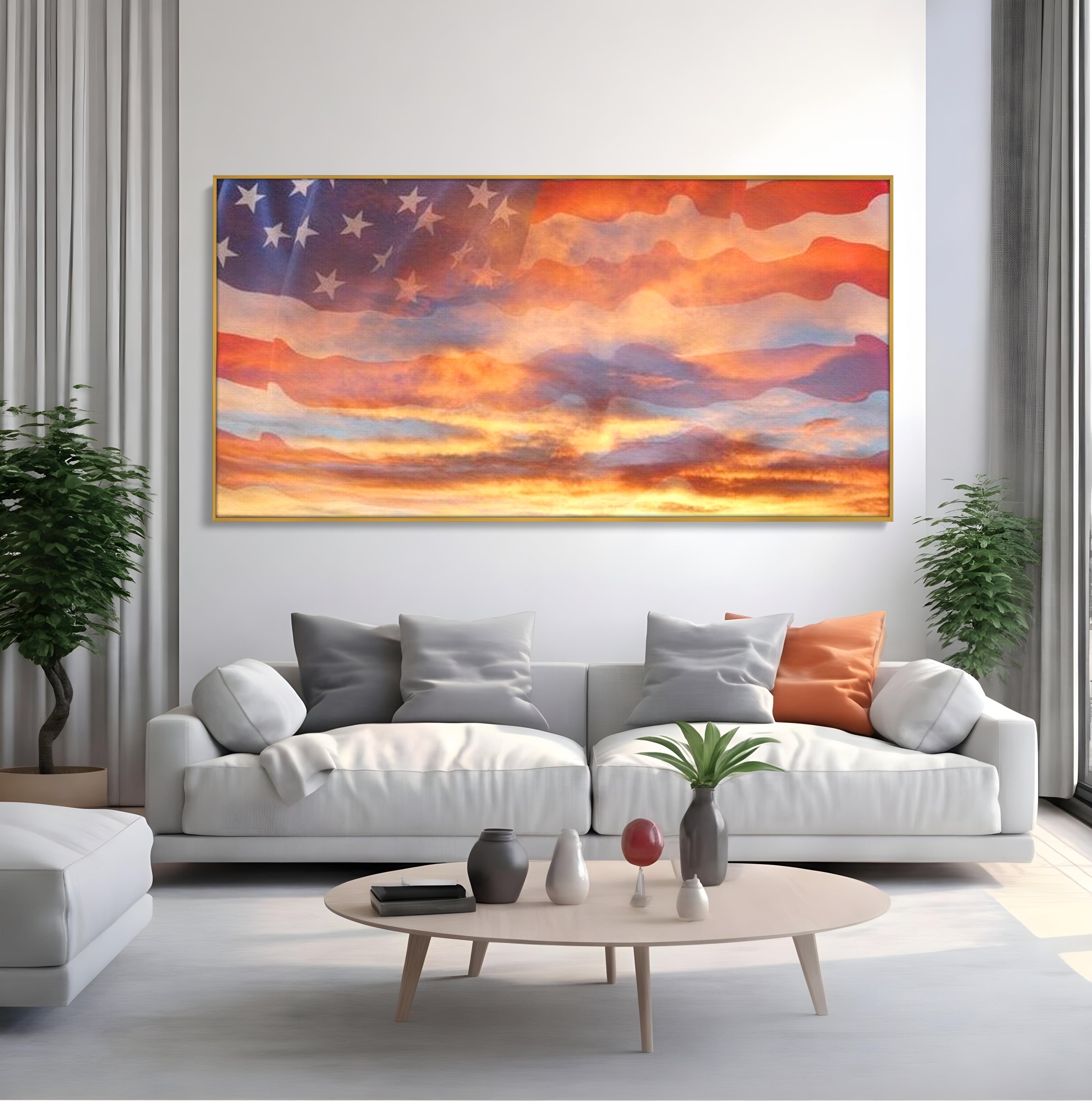 Tablou canvas cu tablou canvas cu steagul american si apus, in rama de aluminiu auriu, pe perete intr-un living